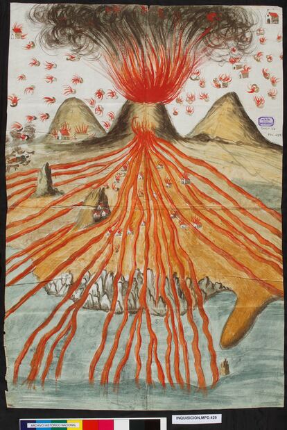 Dibujo del volcán de Fuencaliente, en la Palma, en 1678.