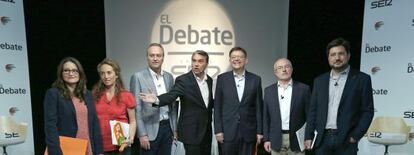 Oltra, Punset, Fabra, el periodista Bernardo Guzmán, Puig, Montiel y Blanco.