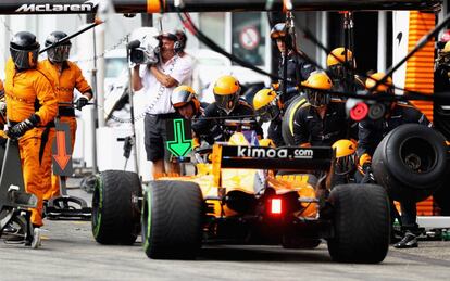 Parada en el garaje de Fernando Alonso en el GP de Alemania.