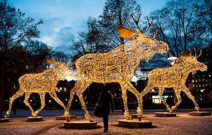 Centenares de bombillas decoran unas estatuas con forma de reno en la ciudad de Estocolmo (Suecia), el 28 de noviembre de 2016.