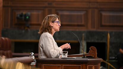 La vicepresidenta tercera y ministra para la Transición Ecológica y el Reto Demográfico, Teresa Ribera, interviene en la sesión de control en el Congreso de los Diputados este miércoles.