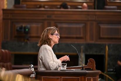 La vicepresidenta tercera y ministra para la Transición Ecológica y el Reto Demográfico, Teresa Ribera, interviene en la sesión de control en el Congreso de los Diputados este miércoles.