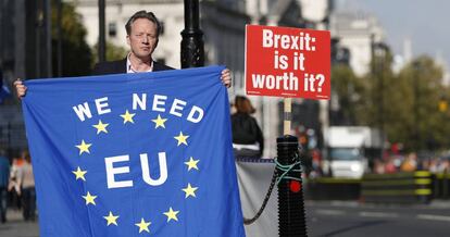 Un ciudadano se manifiesta en Londres a favor de la Unión Europea.