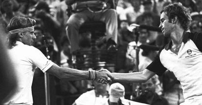 McEnroe (right) shakes hands with arch rival Björn Borg after defeating him in the 1981 US Open final.