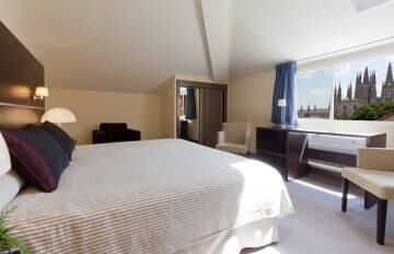 Una de las habitaciones del del hotel Palacio de los Blasones, con vistas a la catedral de Burgos.