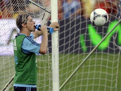 Fernando Torres bebe agua durante un entrenamiento con la selección.