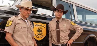 Zahn McClarnon and Kiowa Gordon, as Navajos tribal agents in 'Dark Winds'