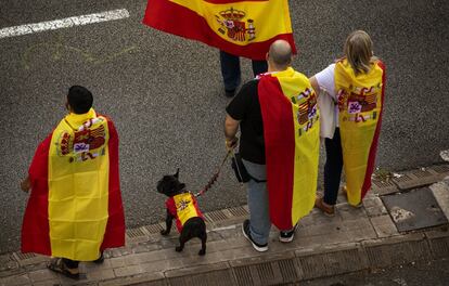 Los manifestantes, acompañados por un gran número de banderas españolas y algunas senyeras (la bandera oficial de Cataluña) han coreado cánticos para rechazar los disturbios de las últimas dos semanas