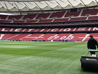 Un trabajador de Royalverd sobre el c&eacute;sped del Estadio Metropolitano.