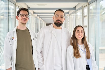 De izquierda a derecha, los científicos Luis Chimeno, Pablo Sosa y Pilar Granado son los creadores de una etiqueta inteligente que detecta las bacterias en la comida.