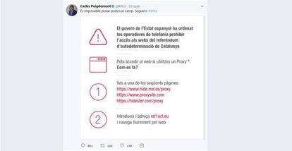 Tweet del 'president' Puigdemont explicando cómo burlar el bloqueo judicial a la web del referéndum