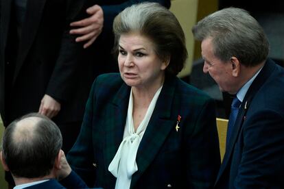 Valentina Tereshkova, este martes en la Duma estatal, en Moscú. 

