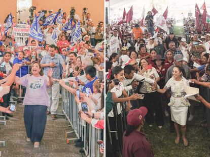Xóchitl Gálvez en Reynosa (Tamaulipas) y Claudia Sheinbaum en Zongolica (Veracruz) saludan a simpatizantes en actos de campaña, en mayo de 2024.