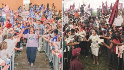 Xóchitl Gálvez en Reynosa (Tamaulipas) y Claudia Sheinbaum en Zongolica (Veracruz) saludan a simpatizantes en actos de campaña, en mayo de 2024.