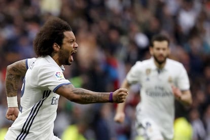 Marcelo celebra el gol de la victoria contra el Valencia.