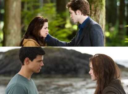 Bella (Kristen Stewart) y Edward (Robert Pattinson) en una escena del bosque rodada en el parque natural de Calpino (arriba) y en la otra, Bella con Jacob (Taylor Lautner) en la playa de Tofino