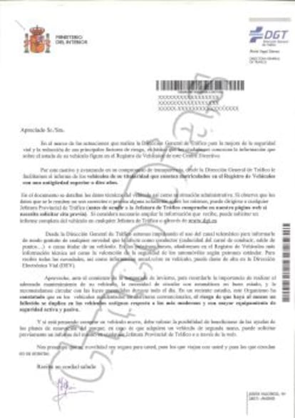 Captura de la carta enviada por la DGT.