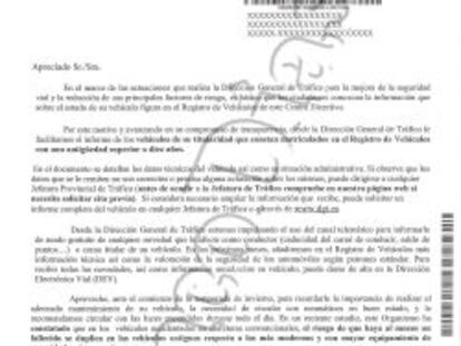 Captura de la carta enviada por la DGT.