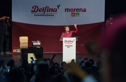 Delfina Gómez durante la presentación de su "Programa para el Bienestar Mexiquense", el 3 de abril en Toluca.