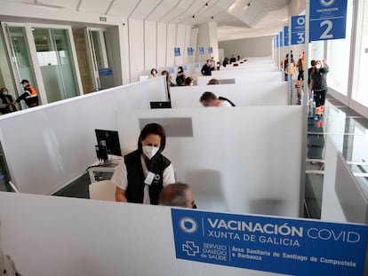 People getting inoculated with the AstraZeneca vaccine in Santiago de Compostela, in Spain's Galicia region.