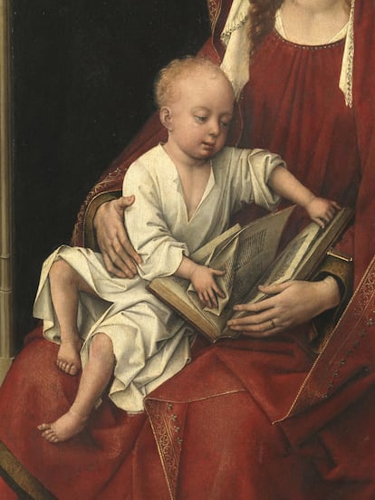 Detalle del cuadro 'La Virgen con el Niño' enfocado en el niño y su interacción con la Virgen.