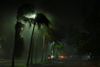 Palmeras se mecen en medio de fuertes vientos y lluvias causadas por el huracán Helene, en Cancún, la madrugada de este miércoles.