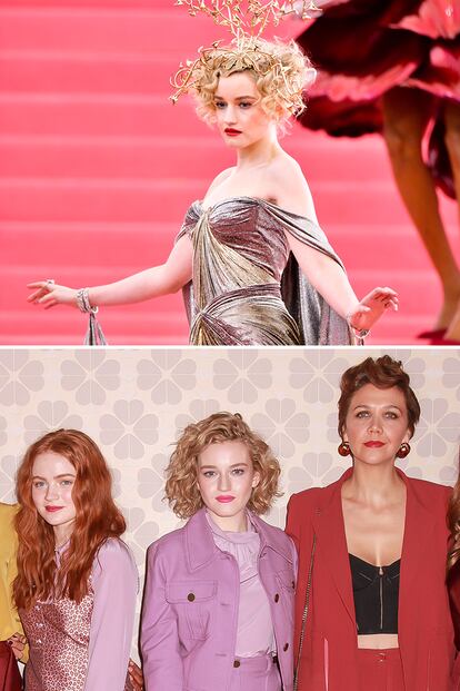 Arriba, de Zac Posen en la gala Met de 209, y debajo en un evento de Kate Spade, entre las actrices Sadie Sink y Maggie Gyllenhaal.