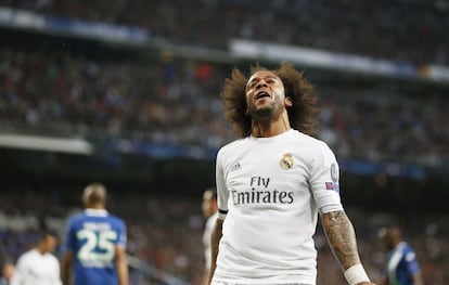 Marcelo, en el Real Madrid (3)-Wolfsburgo (0), partido de vuelta de cuartos de final de la Liga de Campeones 2015-2016 en el estadio Santiago Benabéu. Remontada blanca con un hat-trick de Cristiano Ronaldo frente al 0-2 de la ida que coloca al Real Madrid en semifinales de la Champions, 14-04-2016