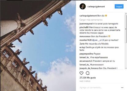 La imagen del Palau de la Generalitat subida a la cuenta de Instagram de Puigdemont.