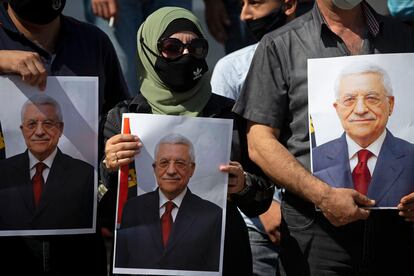 Manifestación en apoyo del presidente palestino, Mahmud Abbas, el 27 de septiembre de 2020 en Cisjordana.