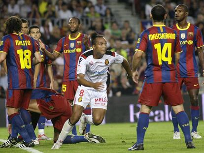 Nsue celebra el tanto que consiguió en el Camp Nou en la primera vuelta.