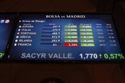 Panel informativo de la Bolsa de Madrid ayer que muestra la prima de riesgo en distintos países europeos.