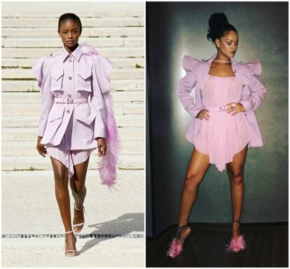 Aunque vista prácticamente igual que las modelos sobre las pasarelas de las últimas semanas de la moda, Rihanna prefiere dar a sus estilismos un toque más personal. En el caso de este vestido rosa palo de la colección de la próxima primavera de Nina Ricci con la chaqueta abierta y las hombreras exageradas.