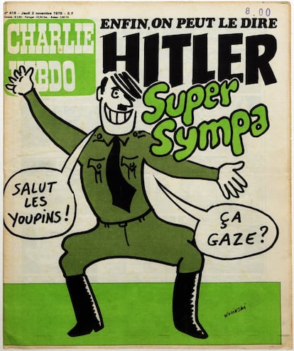 'Charlie Hebdo' 416 cover (1978). La portada del 2 de noviembre de 1978 de la revista satírica 'Charlie Hebdo' con el titular "Hitler super sympa" (Hitler súper molón) puede chocar si se lee fuera de contexto. Con esta ilustración el artista George Wolinski hace referencia directa a una entrevista a Louis Darquier de Pellepoix publicada días antes en 'L'Express', en la que el antisemita francés aseguró: "En Auschwitz solo se gaseaban los piojos".