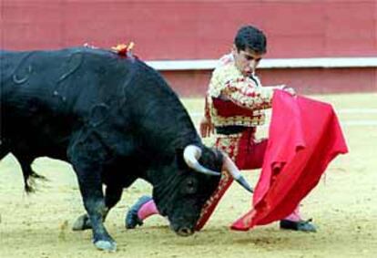 Javier Valverde pasa de rodillas a su primer novillo, al que cortó una oreja.
