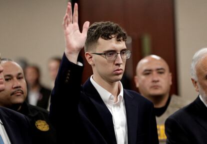 El Paso Walmart mass shooter Patrick Crusius, a 21-year-old male from Allen, Texas, accused of killing 22 and injuring 25, is arraigned, in El Paso, Texas, October 10, 2019.