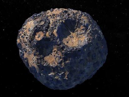 An artistic depiction of the metal-rich asteroid 16 Psyche, located in the main asteroid belt between Mars and Jupiter.