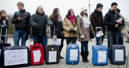 Protesta de estudiantes Erasmus este enero en Berl&iacute;n por los recortes del ministerio.