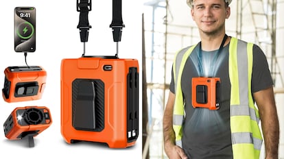 ventilador de cintura con carcasa antideslizante y resistente a golpes.