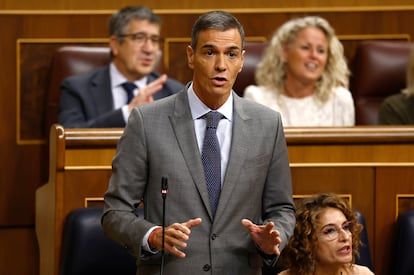 El presidente del Gobierno, Pedro Sánchez, durante su intervención en la sesión de control en el Congreso de los Diputados, este miércoles.