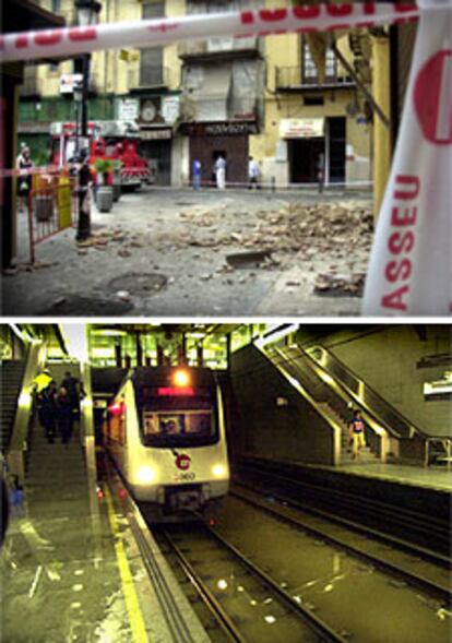 Los bomberos, ayer, sanean una cornisa desprendida de una fachada en la plaza de Doctor Collado de Valencia. Abajo, la estación de metro de Hermanos Machado, que amaneció inundada.