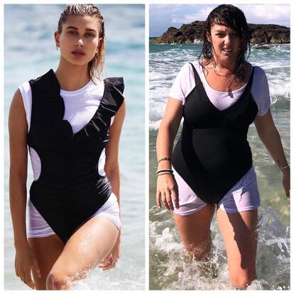 La modelo Hailey Baldwin protagonizó la portada de mayo de 'Elle' en Italia con varias fotografías en bañador saliendo del mar. Esta madre de dos hijos reprodujo la misma situación, pero el resultado fue menos 'glamouroso'.