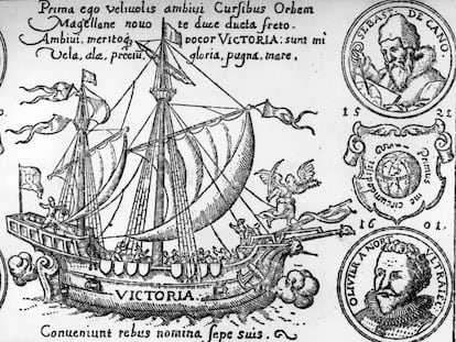 Un grabado de la Nao Victoria fechado hacia 1580, con los retratos en medallón de Fernando de Magallanes (arriba a la izquierda) y Juan Sebastián Elcano (arriba a la derecha).