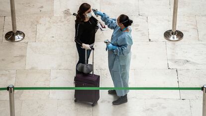 A temperature check at Adolfo Suarez Madrid Barajas aiport.