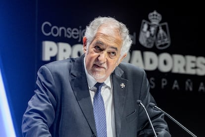 El presidente del Tribunal Constitucional, Cándido Conde-Pumpido, interviene durante la entrega de los Premios Procura 2025, en CaixaForum Madrid, el 12 de junio de este año.