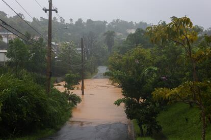 Un camino inundado por las fuertes lluvias de este domingo, en el municipio de Cayey.