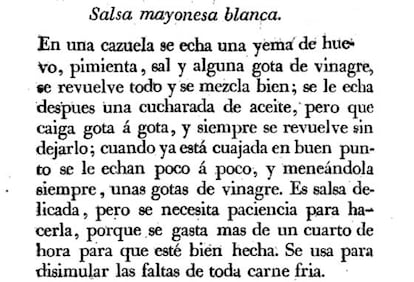 Salsa mayonesa blanca, del 'Manual de la criada económica', 1830