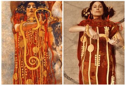 'La alegoría de la Medicina', del austriaco Gustav Klimt, y la recreación de la usuaria de Facebook Anastasia Veras realizada en San Francisco (EE UU), el pasado día 9 de abril. Los miembros del grupo suplen sus ganas de acudir a los museos y disfrutar de sus obras de arte favoritas con ingeniosos ejercicios de imitación.