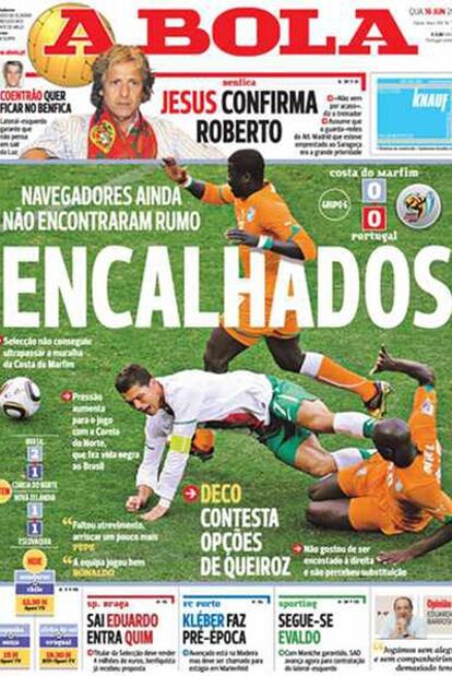 El periódico deportivo A Bola, que ha estampado en su portada "Encallados: navegadores aún no han se encontrado".