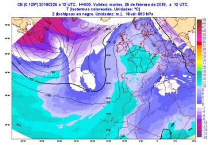 La situación a unos 1500 metros sobre la superficie, ayer a las 12 GMT.